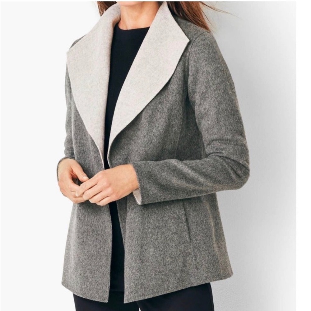 Talbots Petites Grey Wool Blend Shawl Collar Open Front Jacket Coat SP